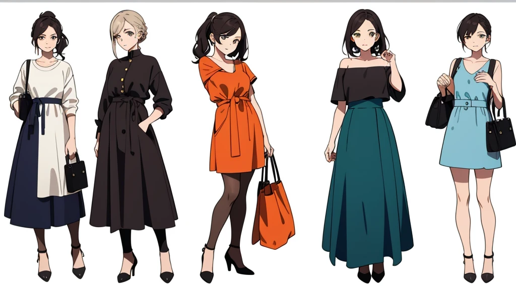 (((Best Quality))) , ((full body)), female, multiple views, white background, variety of hairstyles, variety of fashion styles, seductive pose, fashionable and trendy atmosphere, holding bag,
blue, orange, green, violet, brown, white,
