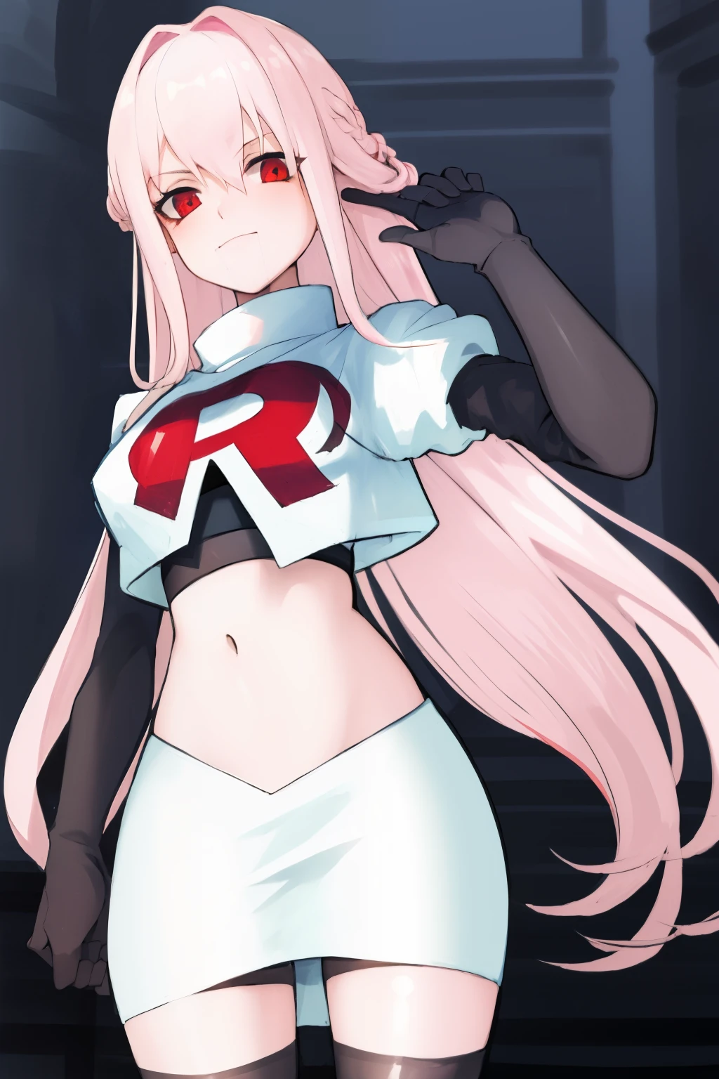 Masterpiece, Detailed, High quality, (absurdist), High Sharpness, High resolution, maiddoll, 1girls, Solo, light pink hair,team rocket,team rocket uniform, red letter R, white skirt,white crop top,black thigh-highs, black elbow gloves,