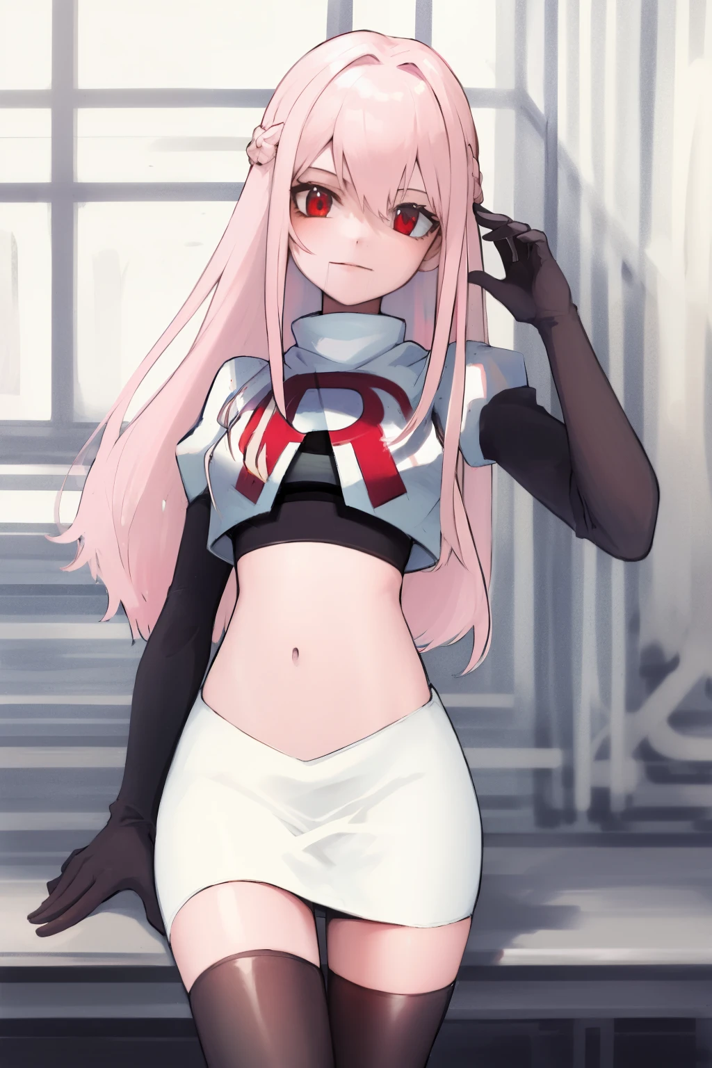 Masterpiece, Detailed, High quality, (absurdist), High Sharpness, High resolution, maiddoll, 1girls, Solo, light pink hair,team rocket,team rocket uniform, red letter R, white skirt,white crop top,black thigh-highs, black elbow gloves,