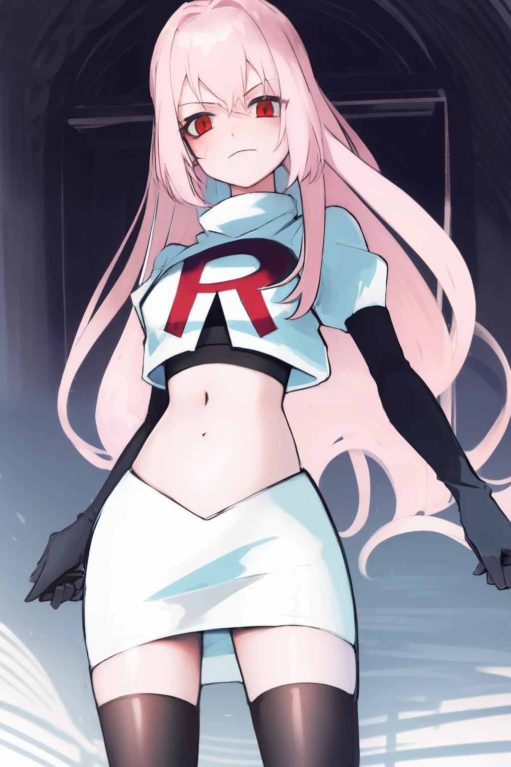 Masterpiece, Detailed, High quality, (absurdist), High Sharpness, High resolution, maiddoll, 1girls, Solo, light pink hair,team rocket,team rocket uniform, red letter R, white skirt,white crop top,black thigh-highs, black elbow gloves,