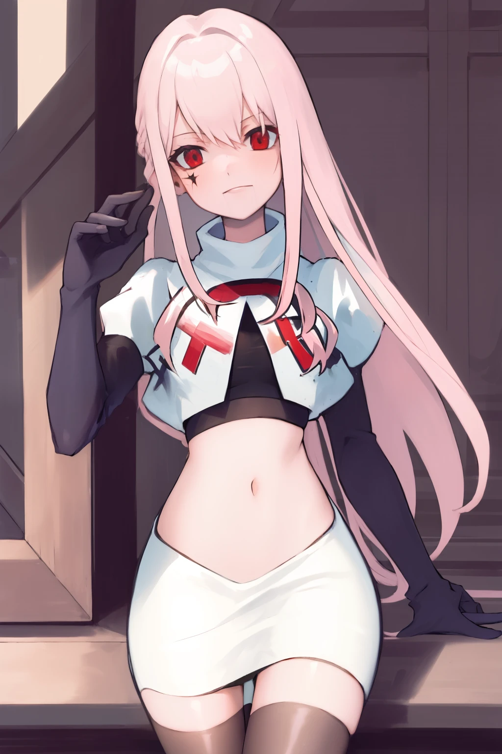 Masterpiece, Detailed, High quality, (absurdist), High Sharpness, High resolution, maiddoll, 1girls, Solo, light pink hair,team rocket,team rocket uniform, red letter R, white skirt,white crop top,black thigh-highs, black elbow gloves,