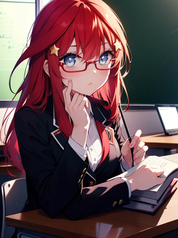 Satsuki Nakano, Itsuki Nakano, bangs, blue eyes, hair between eyes, Ahoge, redhead, star \(symbol\), hair ornaments, star hair ornaments,OL, red glasses, Fundo, black suit jacket, collared jacket, white dress shirt, collared shirt, neckline, button, black pencil skirt, black pantyhose,classroom,blackboard ,教科書を持ちながらblackboardの前に立っている,mouth open,serious,A student is sitting at a desk and studying,highest quality, High resolution, unity 8k wallpaper, (figure:0.8), (beautiful and fine eyes:1.6), highly detailed face, perfect lighting, Highly detailed CG, (perfect hands, perfect anatomy),