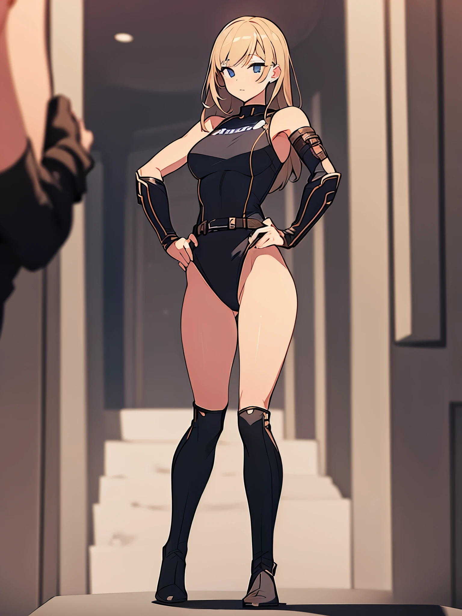 1girl, superhero, leotard, bare legs, boots, standing, solo focus, tight belt, hands on hip, full body shot, mature lady
