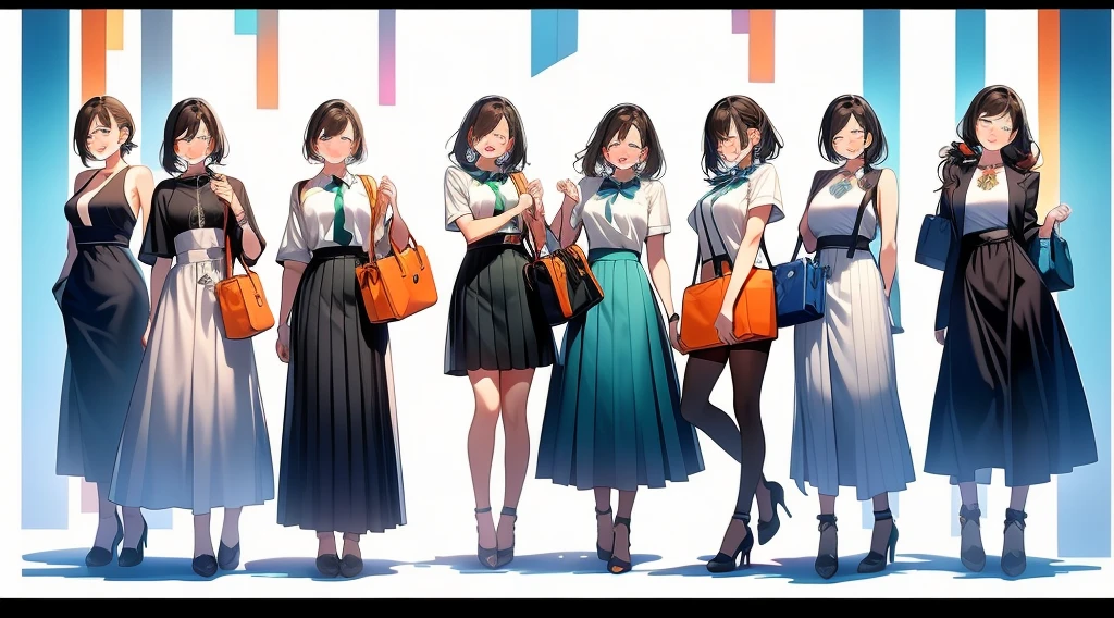 (((Best Quality))) , ((full body)), female, multiple views, white background, variety of hairstyles, variety of fashion styles, seductive pose, fashionable and trendy atmosphere, holding bag,
blue, orange, green, violet, brown, white,