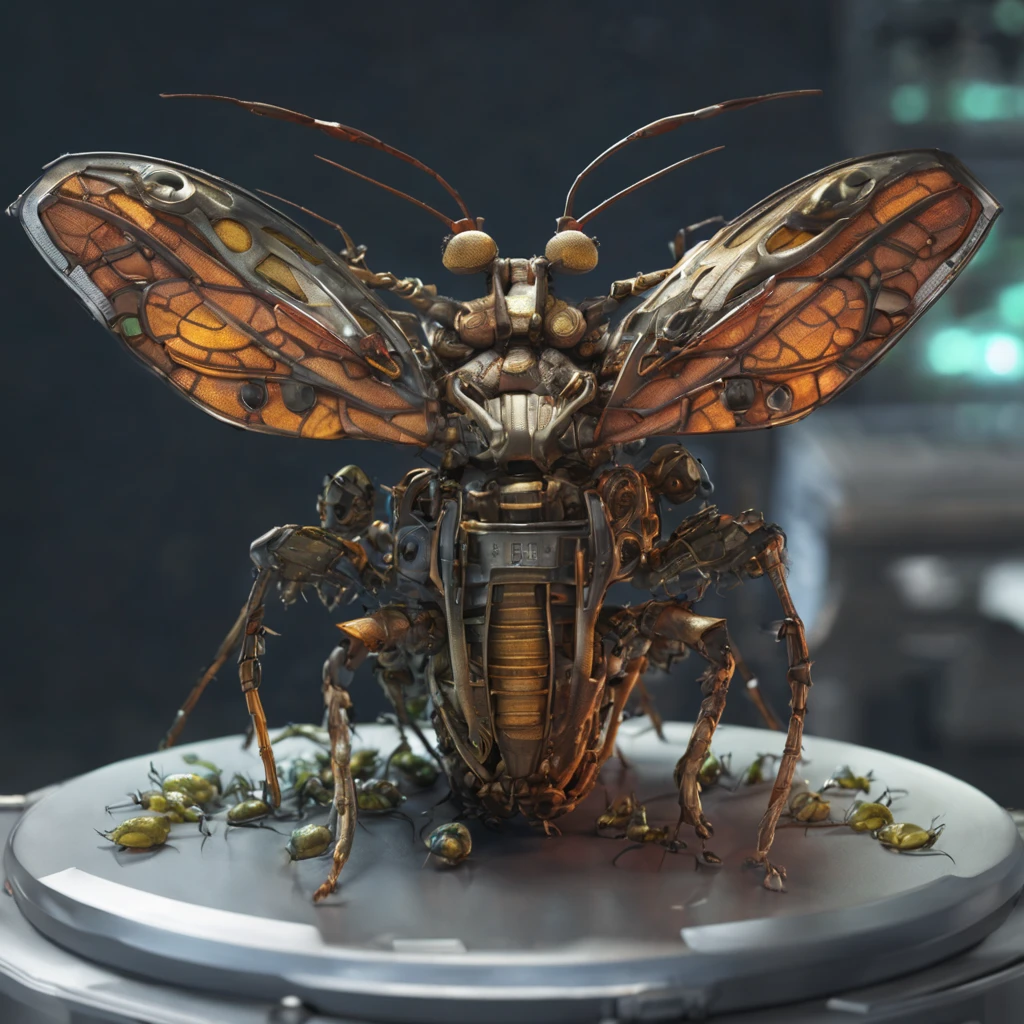 A Fly, big eyes, translucent wingechanical body}}}, chrome joints, ((standing over a corpse)), (standing in a pool of blood)science fiction (((masterpiece))), (((best quality))), ((ultra-detailed)), (highly detailed CG illustration),cinematic light,((1Fly)),(machine made joints:1.4),science fiction, lab background! view from Above!!!