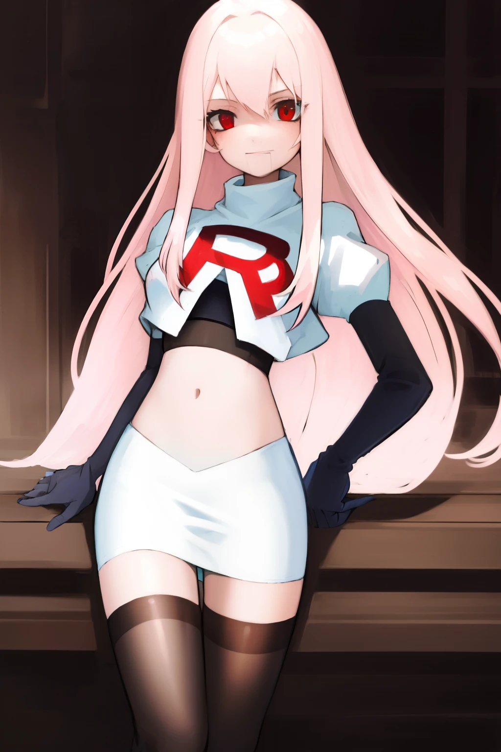 Masterpiece, Detailed, High quality, (absurdist), High Sharpness, High resolution, maiddoll, 1girls, Solo, light pink hair,team rocket,team rocket uniform, red letter R, white skirt,white crop top,black thigh-highs, black elbow gloves,