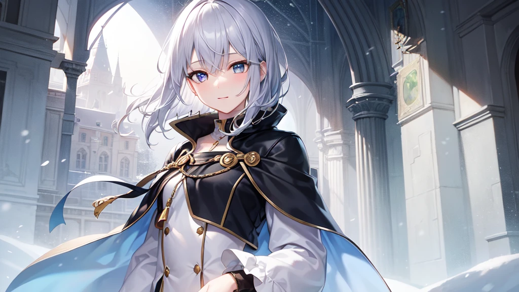 super high quality, with a girl, 20-year-old, very short hair, long bangs between the eyes, pale blue eyes , blue sky, sunlight, very detailed,(masterpiece、highest quality)、alone、gray hair、laughter、White skin as clear as snow、fantasy, silver hair, black eye, beautiful eyes,, ecstasy, charm, be smitten with audience, short haintasy scenery、