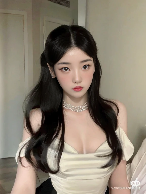 um close up de uma mulher usando um vestido branco e um estrangulamento, linda mulher coreana jovem, cruel korean goth girl, Ulzzang, Mulher sul-coreana bonita, mulher coreana jovem bonita, coreana, branco hime corte penteado, maquiagem sul-coreana popular, whitebangscabelo negro, pale porcelain white skin, maquiagem coreana popular, young cute wan asian face