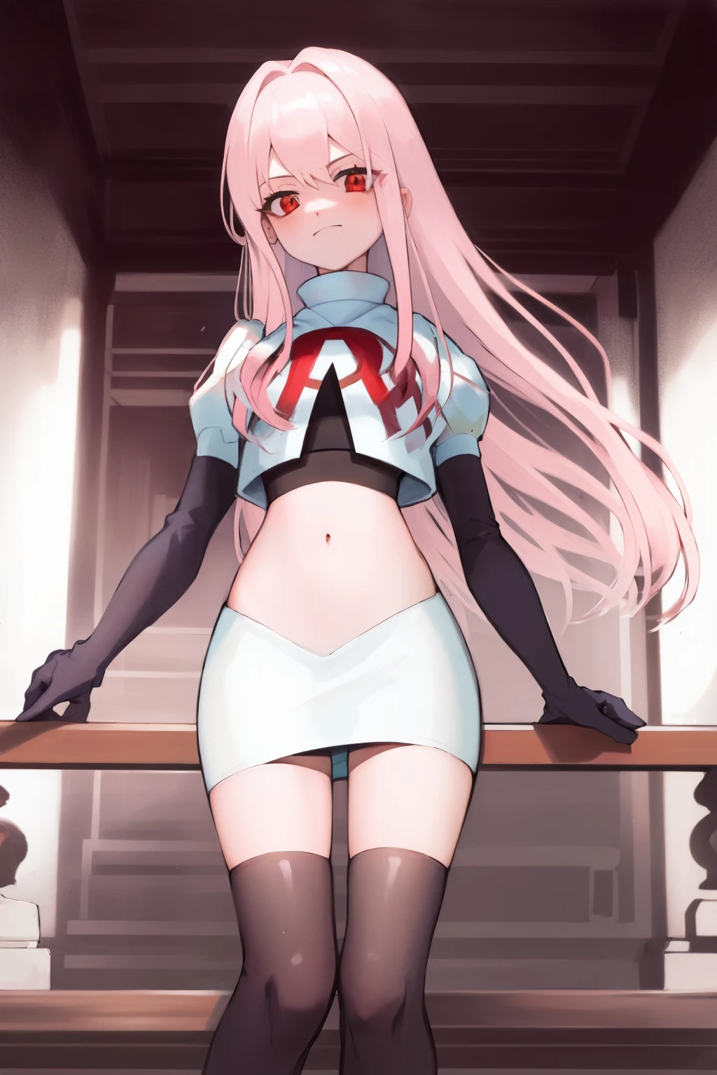 Masterpiece, Detailed, High quality, (absurdist), High Sharpness, High resolution, maiddoll, 1girls, Solo, light pink hair,team rocket,team rocket uniform, red letter R, white skirt,white crop top,black thigh-highs, black elbow gloves,