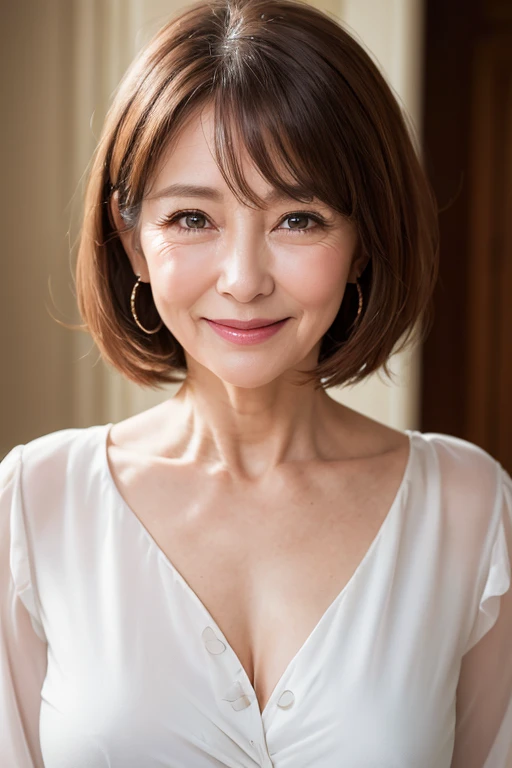 (masterpiece:1.2), High resolution, high quality,(60 year old woman:1.2)、(facial wrinkles:1.2)、beautiful woman,clear,white blouse, puffy sleeves,chest,smile,