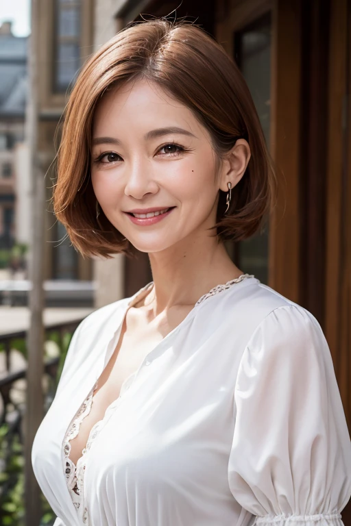 (masterpiece:1.2), High resolution, high quality,(60 year old woman:1.2)、(facial wrinkles:1.2)、beautiful woman,clear,white blouse, puffy sleeves,chest,smile,