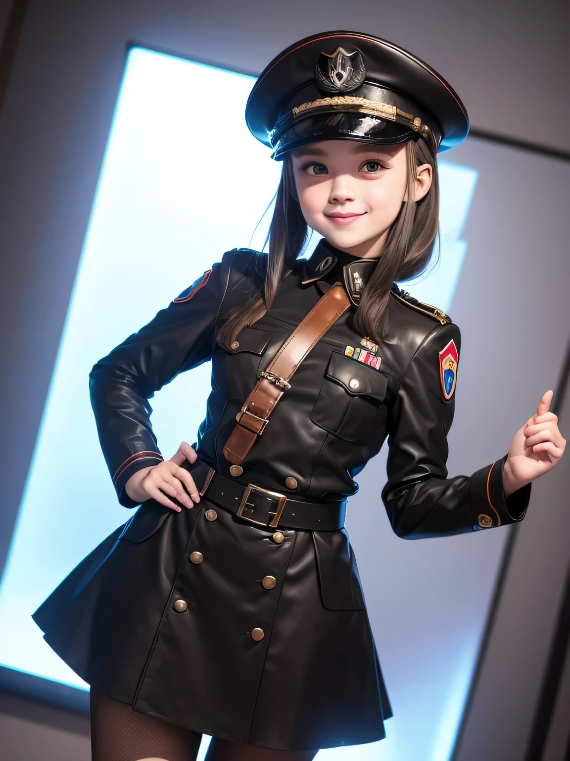a cute girl, wearing a nazi leather uniform, military hat, sadistic smile, in the style of the soft aurorapunk color palette, an anime illustration of her face, animated gifs, hand-drawn animation, charming sketches, soft and bright, hazy romanticism, superplane style, full figure, see all body, whte background 1:1--niji 5--expressive style