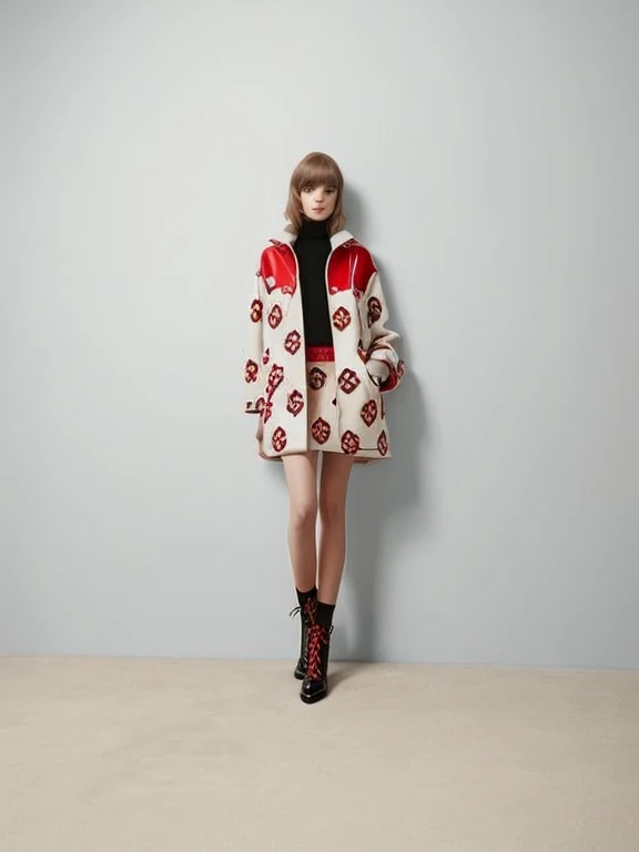 a woman in a red and white coat and black top standing in Front oF a wall, oFFicial vuitton editorial, F / 2 0, exclusif, Fashion, regarderbook, vintage regarder, regarder, erwin olaF, anton, séance photo, Énorme, Fendi, Marc, Full body in shot, designer, oFFicial valentino editorial, par Emma Andijewska, Lv, Miko