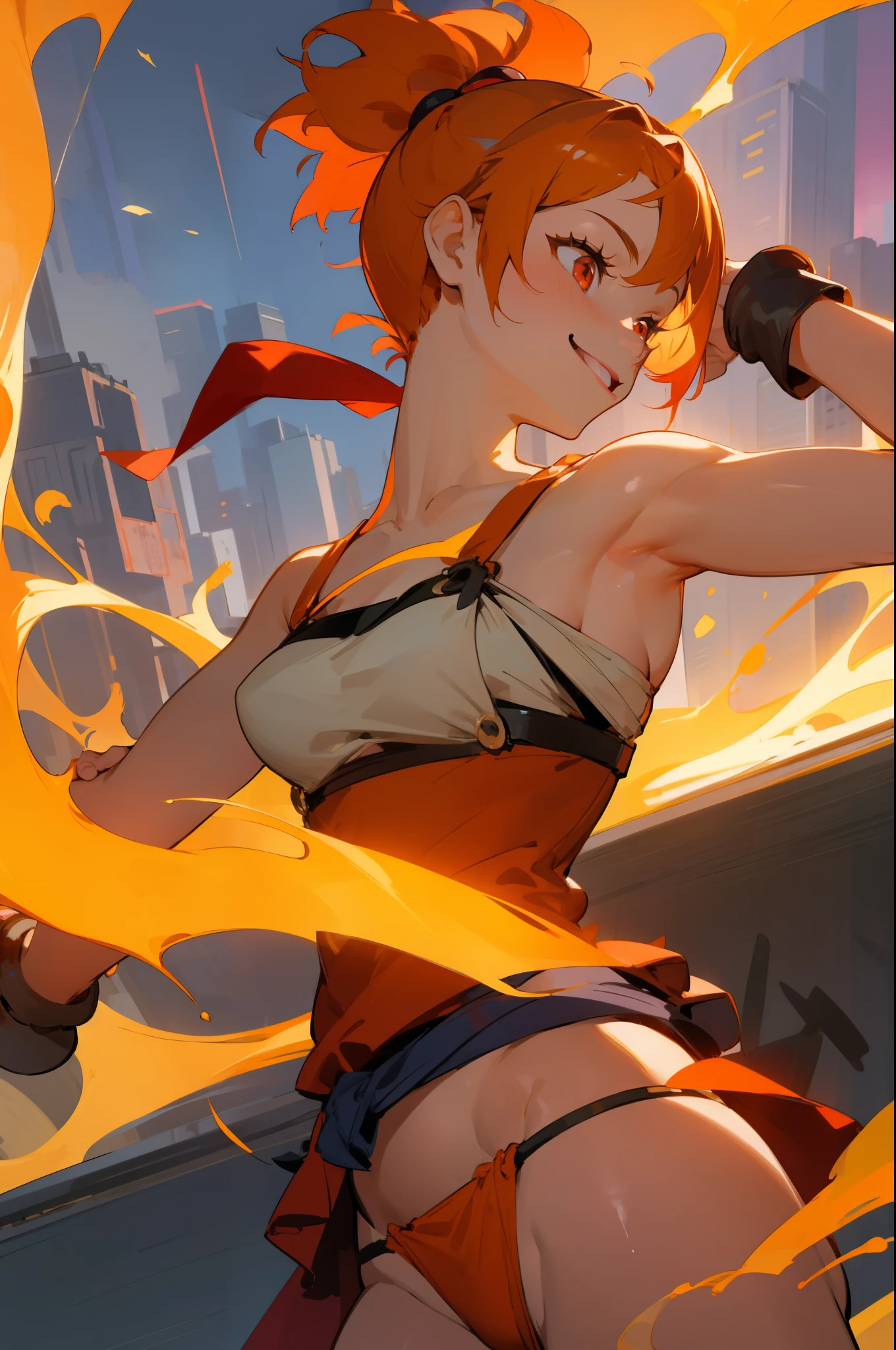 City、masterpiece、highest quality、1 girl、orange hair、ponytail、round red eyes、short hair、profile、camisole、loincloth、frying hands、smile