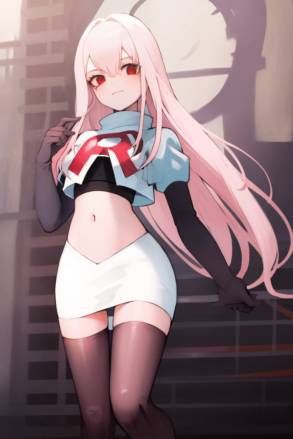 Masterpiece, Detailed, High quality, (absurdist), High Sharpness, High resolution, maiddoll, 1girls, Solo, light pink hair,team rocket,team rocket uniform, red letter R, white skirt,white crop top,black thigh-highs, black elbow gloves,