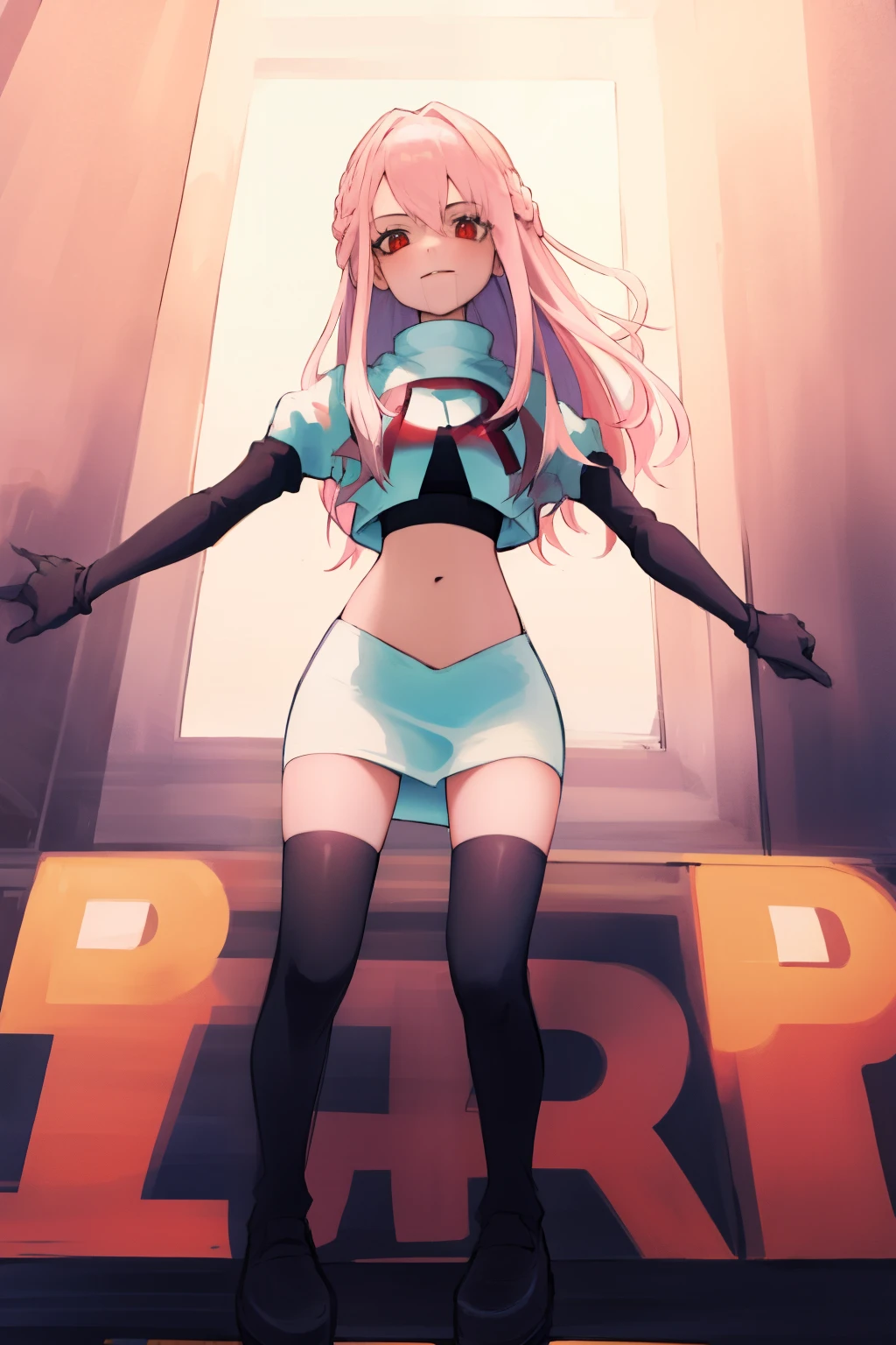 Masterpiece, Detailed, High quality, (absurdist), High Sharpness, High resolution, maiddoll, 1girls, Solo, light pink hair,team rocket,team rocket uniform, red letter R, white skirt,white crop top,black thigh-highs, black elbow gloves,