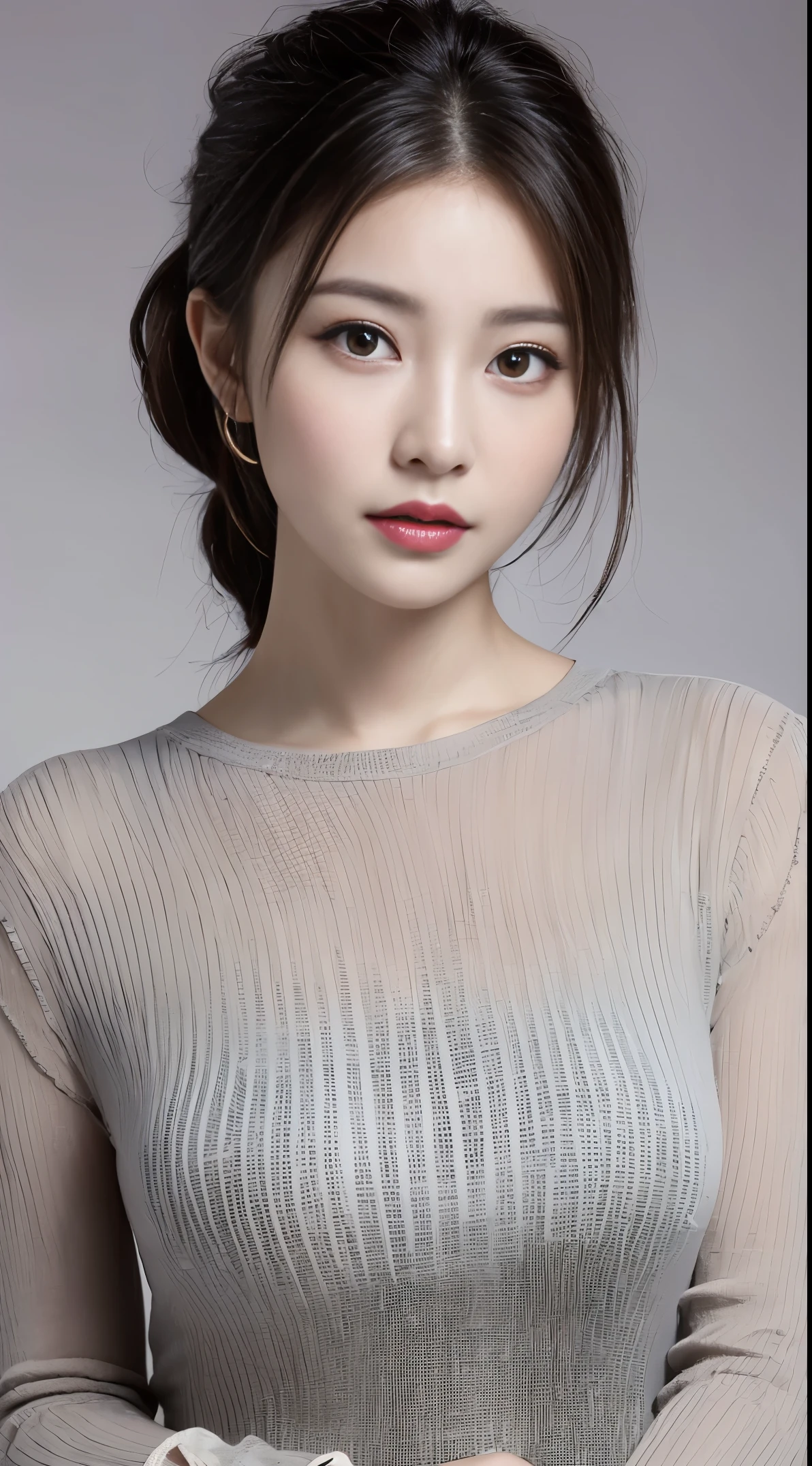 finely, High resolution, high quality、完璧なダイナミックな構figure, beautiful and fine eyes, medium hair, small breasts、natural color lip,Kamimehibuya、20 year old girl、1 person、transparent skin、shining hair、table top, 最high quality, figure, super detailed, finely, High resolution, 8K、correct state of the human body、Randomly cute poses,ponytail hair,beautiful feet,perfect beautiful face,KPOP idol face,A face of ecstasy,Pale light grey knitted dress,background blur,Randomly dress up as a model for a women's fashion magazine