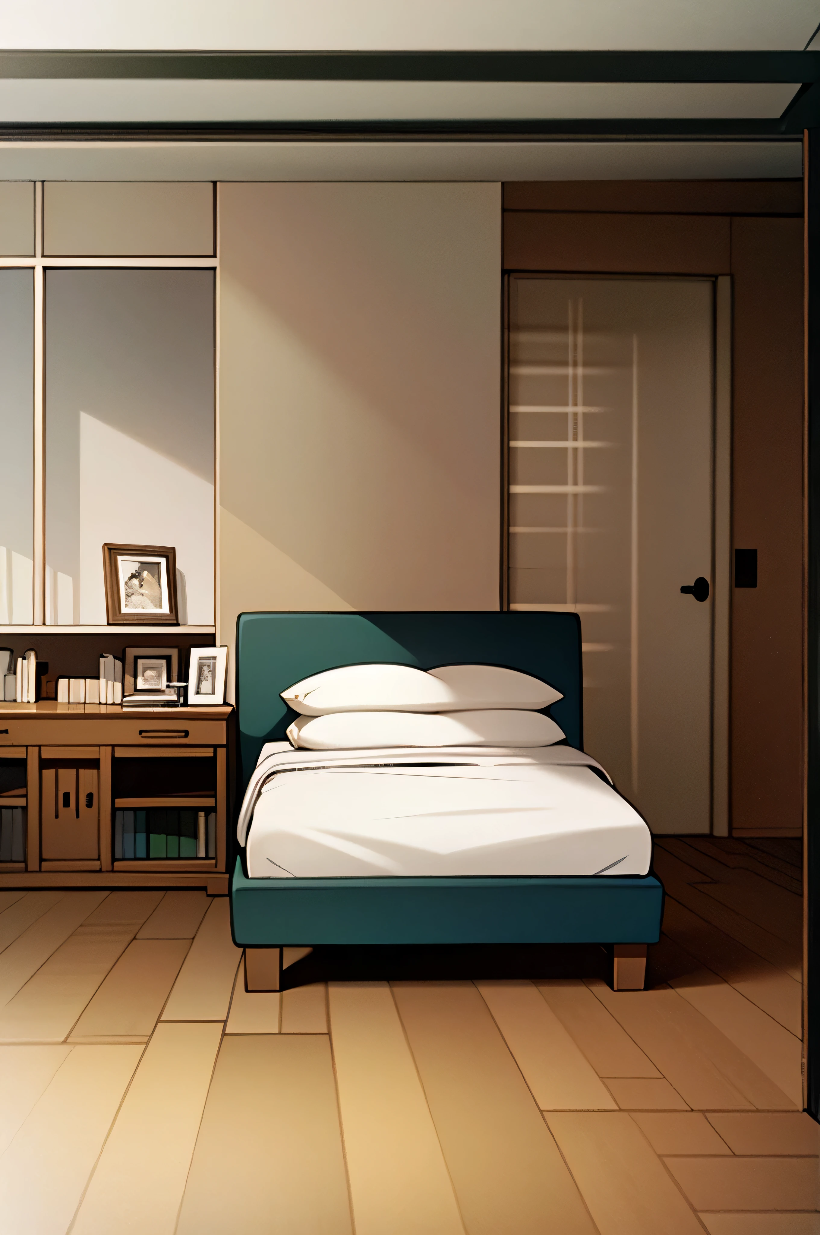 Background room with bookshelf, bed and TV