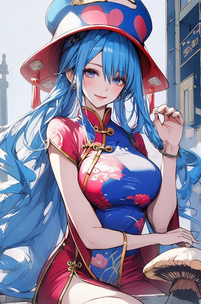 masterpiece,best quality,1 girl, blue hair, pink eyes, wears mushroom hat, chinese clothes, year of the dragon, in china town, resplendent