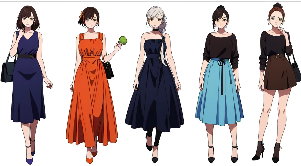 (((Best Quality))) , ((full body)), female, multiple views, white background, variety of hairstyles, variety of fashion styles, seductive pose, fashionable and trendy outfits, holding bag,
blue, orange, green, violet, brown, white,