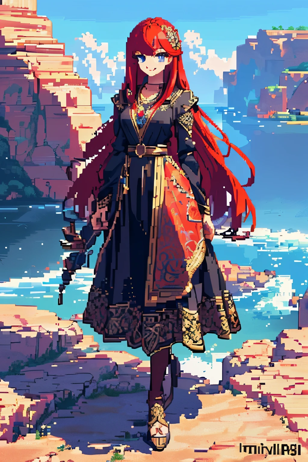 (artwork:1.2), (best quality), (ultra detailed), (8k, 4k, Intricate), (full body shot:1), (highly detailed:1.2), (detailed face:1.2), ( detailed background),detailed landscape, (Dynamic Posture:1.2), ((pixel art)), 1 girl, Alone, Long hair, red hair, looking at viewer, smile, blue eyes, black dress, jewelry, necklace, portrait
