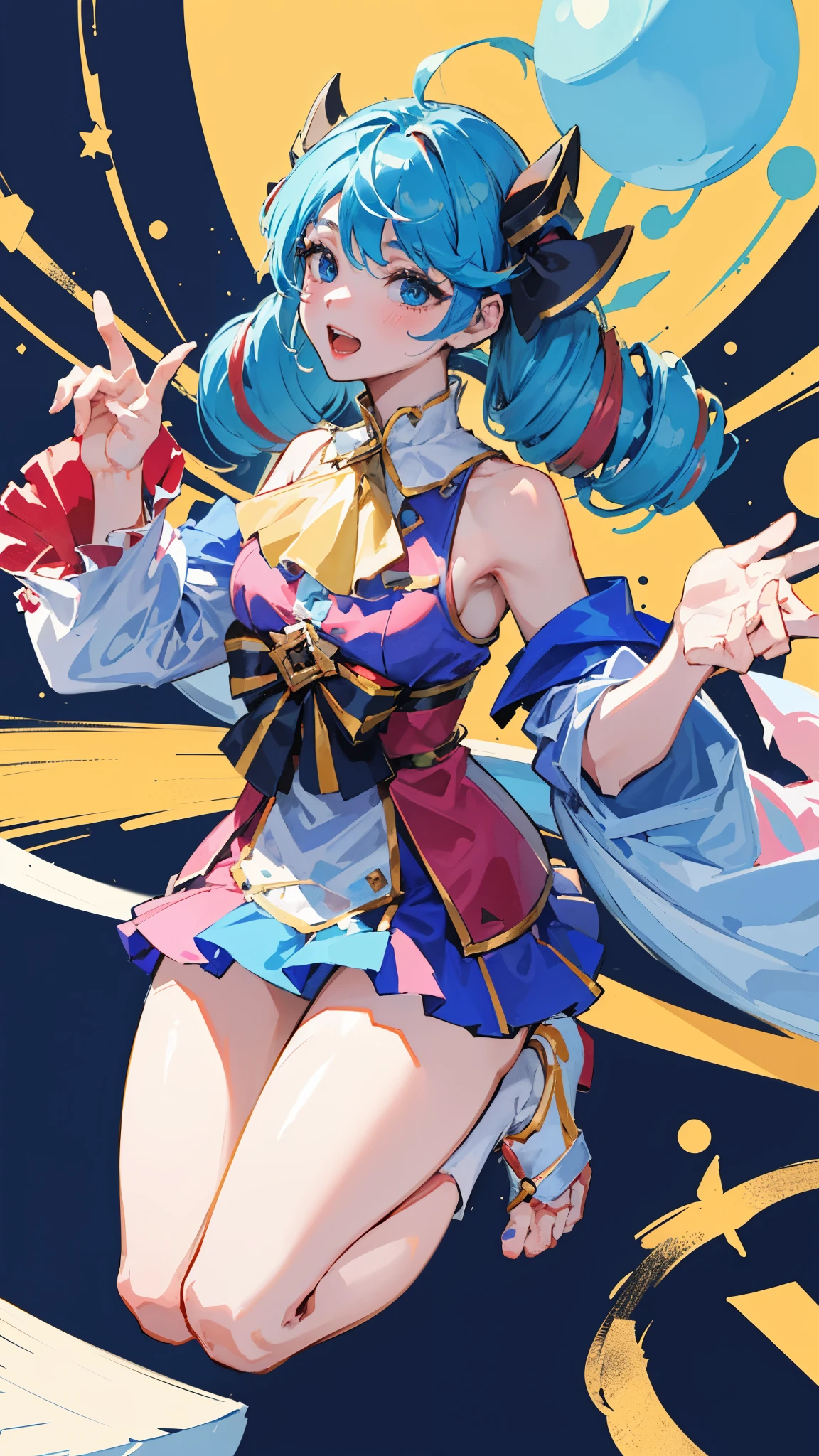 1 girl,solo, masterpiece, best quality,full-body shot,(女孩穿上clown服装:1.8),clown,face color,(There heavy makeup on the face:1.8),Eerily laughter,perfect lighting, Double tail, drill hair, blue hair, blue eyes, Gwen,