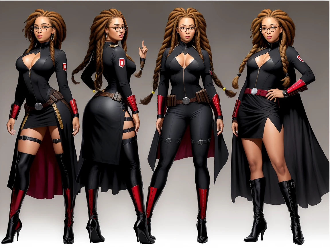 (Black Widow masterpiece in the style of Captain America, with glasses, cabelo brancos, Rastafarian, falling beautiful perfect braided afro,has very long braids falling forward,), (melhor qualidade), (fotorrealista: 1,3), 8k, textura de pele detalhada, textura de tecido detalhada, lindo rosto detalhado, detalhes intrincados, ultra detalhado,
((Art Style Full Body View, plano completo, vista frontal, vista lateral, vista traseira, do personagem, multiple views and poses, Multiple points of view, um personagem, corpo inteiro, personagem com menos, estilo de roupa, no mesmo cabelo estilo, menos Tipo de sapato, forte)):: ((full body view, plano completo, vista frontal, vista traseira, design de personagem, multiple views and poses, Multiple points of view, de um personagem, corpo inteiro, personagem com menos , estilo de roupa, no mesmo penteado, less Type of footwear)):