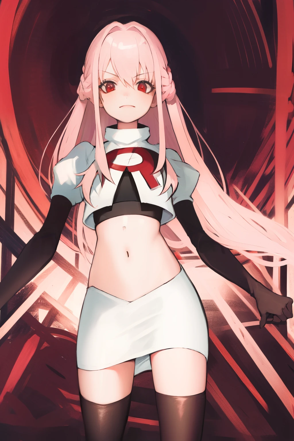 Masterpiece, Detailed, High quality, (absurdist), High Sharpness, High resolution, maiddoll, 1girls, Solo, light pink hair,team rocket,team rocket uniform, red letter R, white skirt,white crop top,black thigh-highs, black elbow gloves,