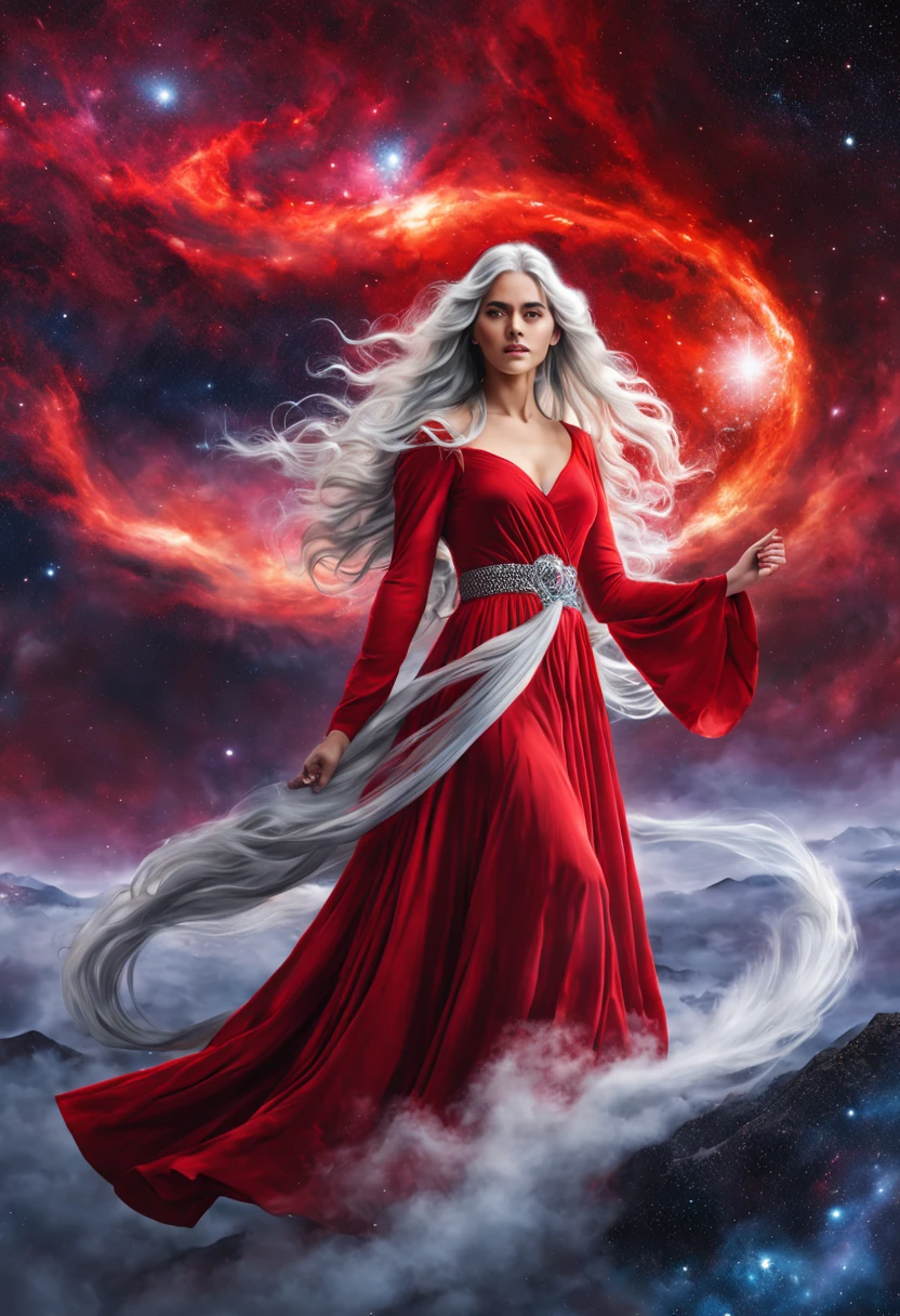 Hyper-realistic portrait of a mystical young woman with long silver hair wearing a long flowing red dress, holding the sign of Libra dramatically emerging from a collision of galaxies. Your eyes are made of glowing nebulae. Below is an Icelandic volcanic landscape