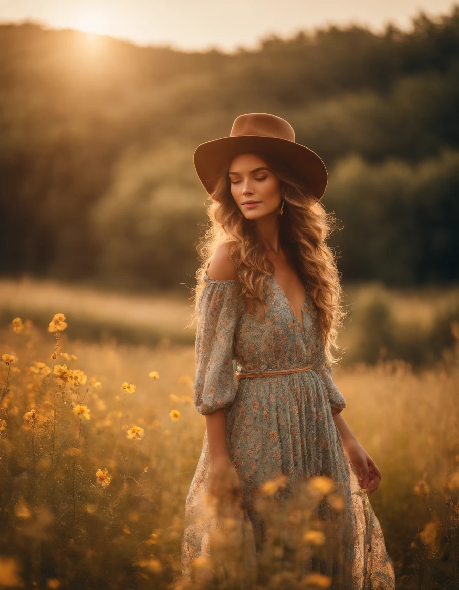 an up close photo of a young woman dressed in bohemian-inspired fashion, wearing a flowy maxi dress with floral prints, layered with a denim jacket and accessorized with a floppy hat and vintage accessories, Her hair is styled in loose waves or natural curls, The setting is a sunlit park or meadow, with long grass and wildflowers, creating a nostalgic and dreamy atmosphere((upper body))