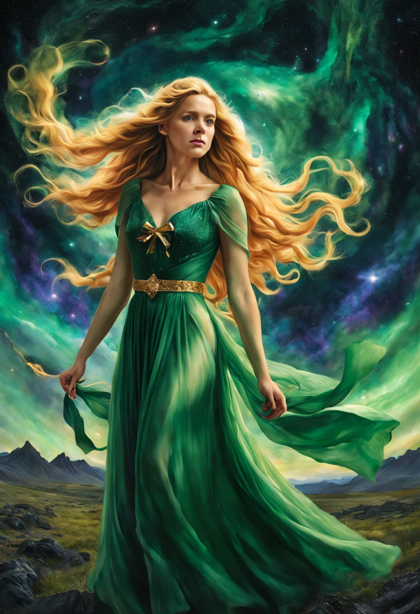 Hyper-realistic portrait of a mystical young woman with long golden hair wearing a long flowing green dress, holding a bow dramatically emerging from a collision of galaxies. Your eyes are made of glowing nebulae. Below is an Icelandic volcanic landscape