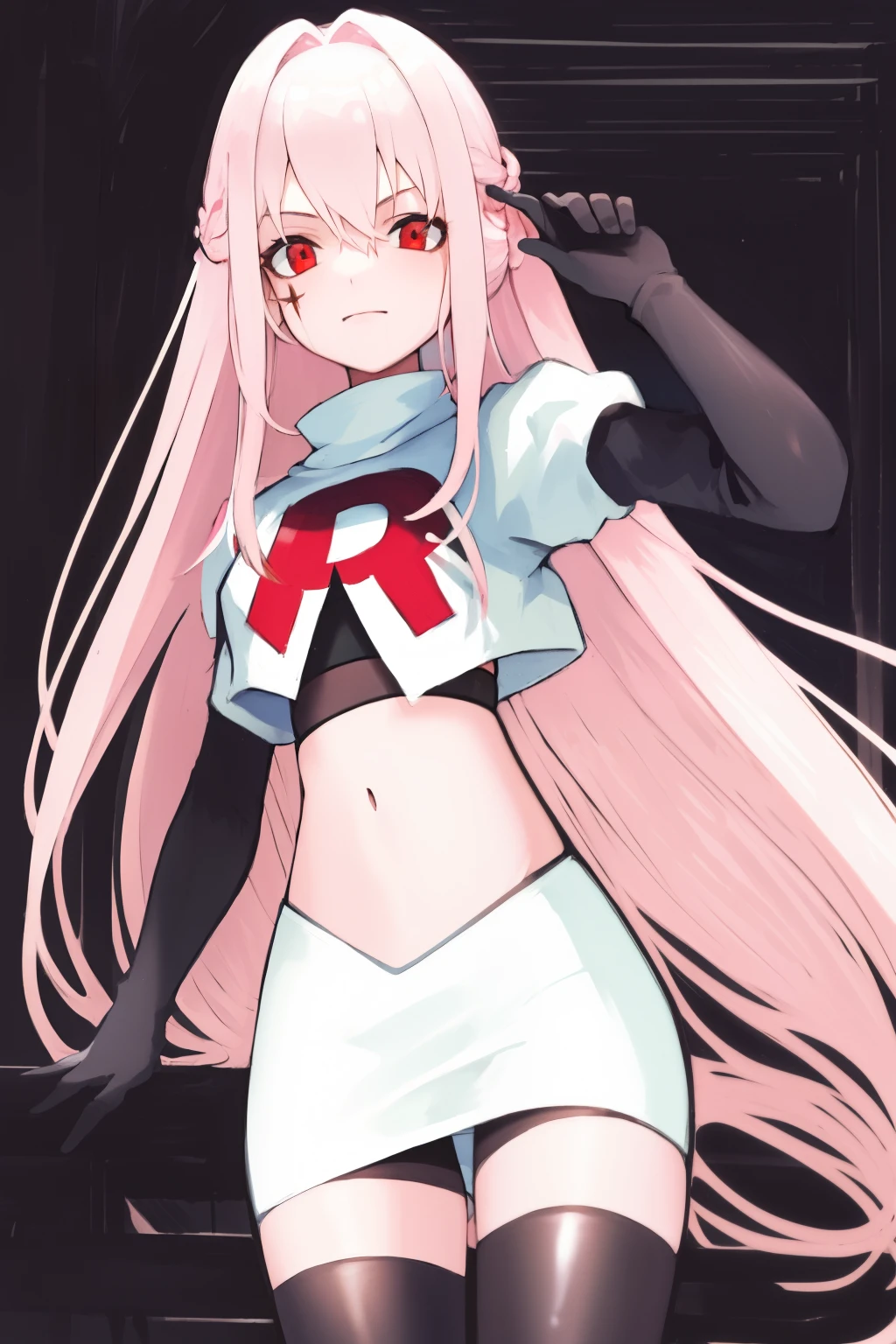Masterpiece, Detailed, High quality, (absurdist), High Sharpness, High resolution, maiddoll, 1girls, Solo, light pink hair,team rocket,team rocket uniform, red letter R, white skirt,white crop top,black thigh-highs, black elbow gloves,