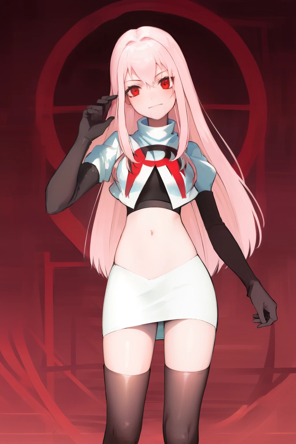 Masterpiece, Detailed, High quality, (absurdist), High Sharpness, High resolution, maiddoll, 1girls, Solo, light pink hair,team rocket,team rocket uniform, red letter R, white skirt,white crop top,black thigh-highs, black elbow gloves,