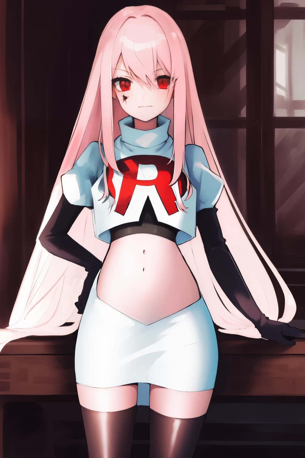 Masterpiece, Detailed, High quality, (absurdist), High Sharpness, High resolution, maiddoll, 1girls, Solo, light pink hair,team rocket,team rocket uniform, red letter R, white skirt,white crop top,black thigh-highs, black elbow gloves,