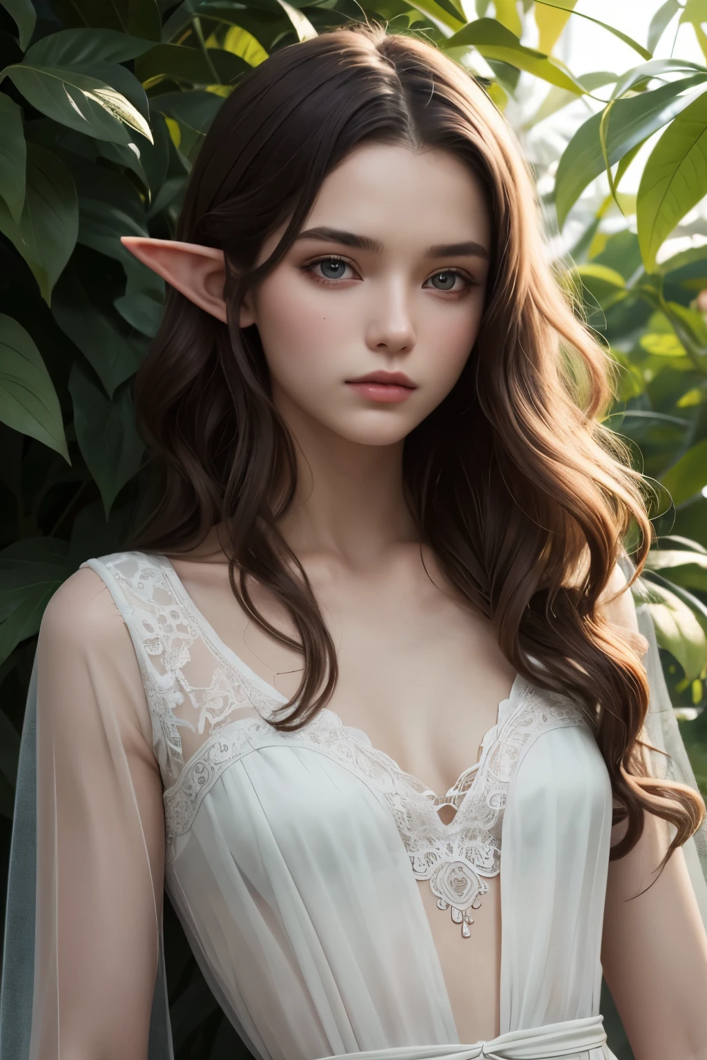 (masterpiece), best quality, expressive eyes, perfect face, A mature Elf lying in the foliage, with big red wavy hair, wearing transparent silk clothes, plump figure, delicate facial features, realistic picture quality, a Nordic woman, approximately 18 years old, surreal