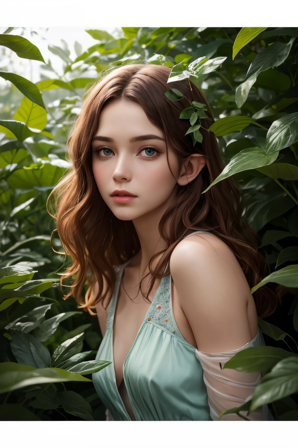 (masterpiece), best quality, expressive eyes, perfect face, A mature Elf lying in the foliage, with big red wavy hair, wearing transparent silk clothes, plump figure, delicate facial features, realistic picture quality, a Nordic woman, approximately 18 years old, surreal