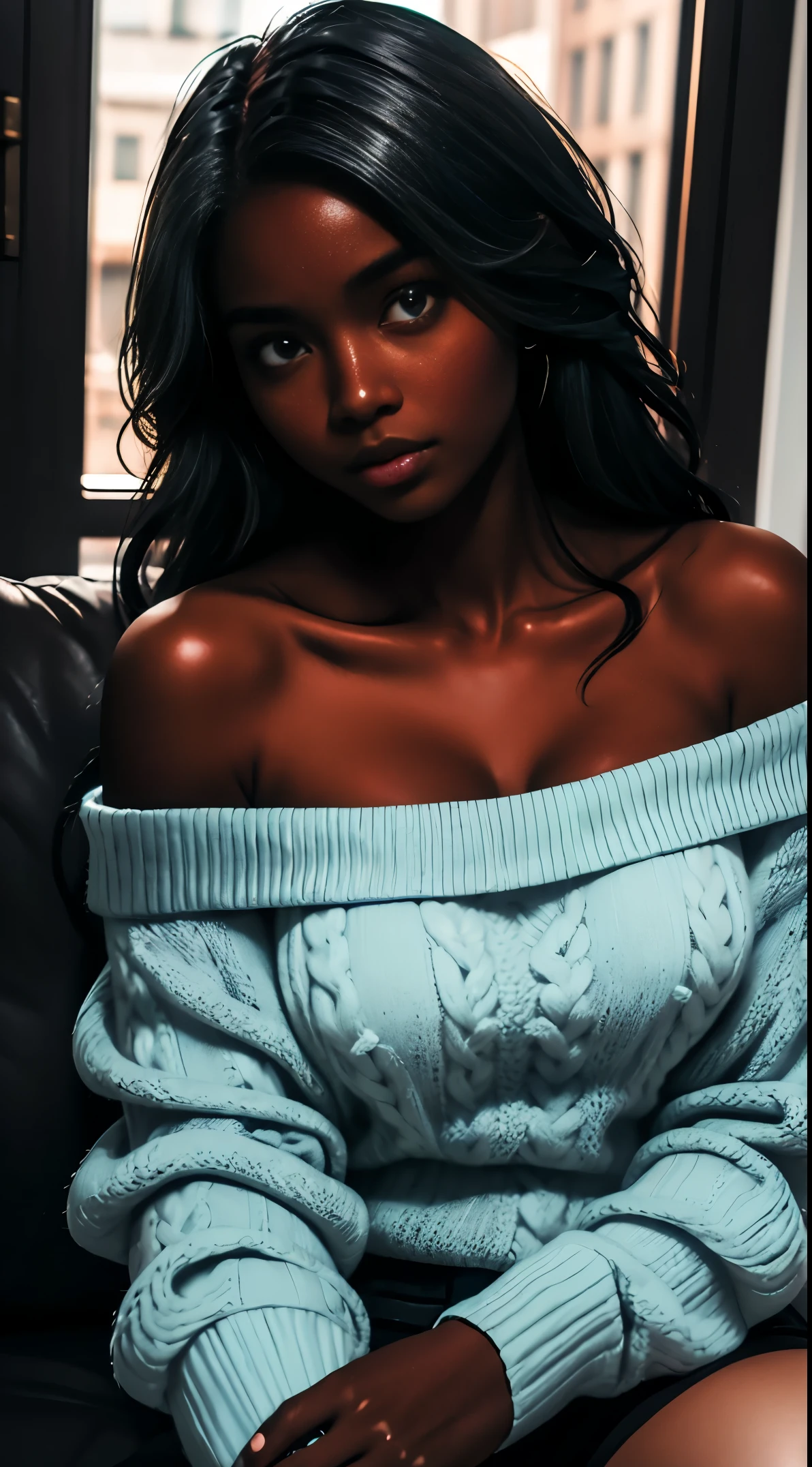 Upper body shot, ((beautiful black woman with flawless dark skin)), long hair with gradient blue glow, clearly defined facial features, big detailed eyes, ((( wearing an off the shoulder sweater))) glowing flowers in the background, masterpiece, best high quality image,96k, uhd, depth of field, 1080P wallpaper, spotlight, character focus, high quality, insanely detailed, UHD picture quality in the style of Amy Sol