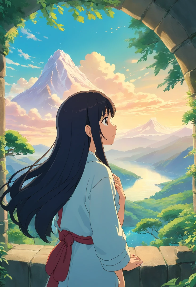 long black hair，brown eyes girl，There are circles on the back，There are mountains and water in the background，manifestation of energy，energy convergence，A main light source in the upper left corner，The whole screen  green，Convivial atmosphere，front