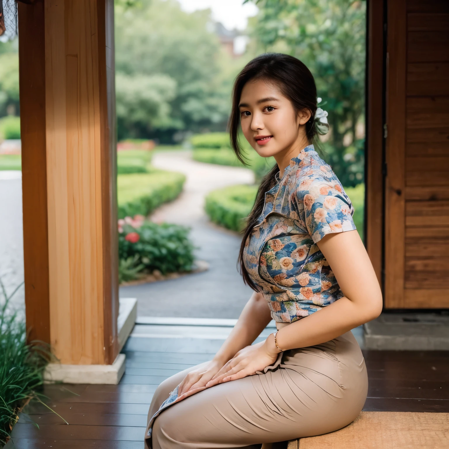 Asian naked woman in sitting on steps, Beautiful Body, traditional beauty, wearing beautiful clothes, traditional dress, acmm ss outfit, acmm long skirt, wearing acmm top, very attractive and beautiful, with lovely look, traditional clothes, very beautiful enga style.