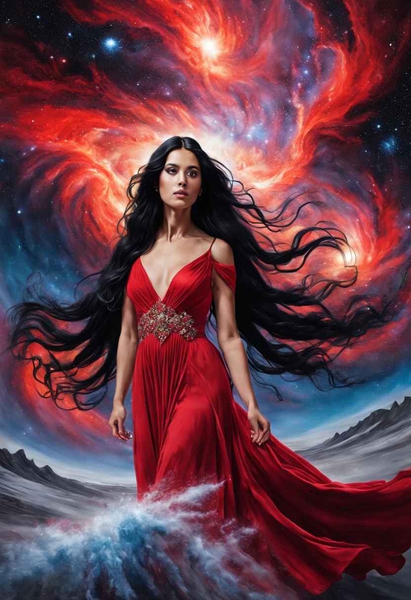 Hyper-realistic portrait of a mystical young woman with long black hair wearing a long flowing red dress, holding a large scale in his hands emerging dramatically from a collision of galaxies. Your eyes are made of glowing nebulae. Below is an Icelandic volcanic landscape