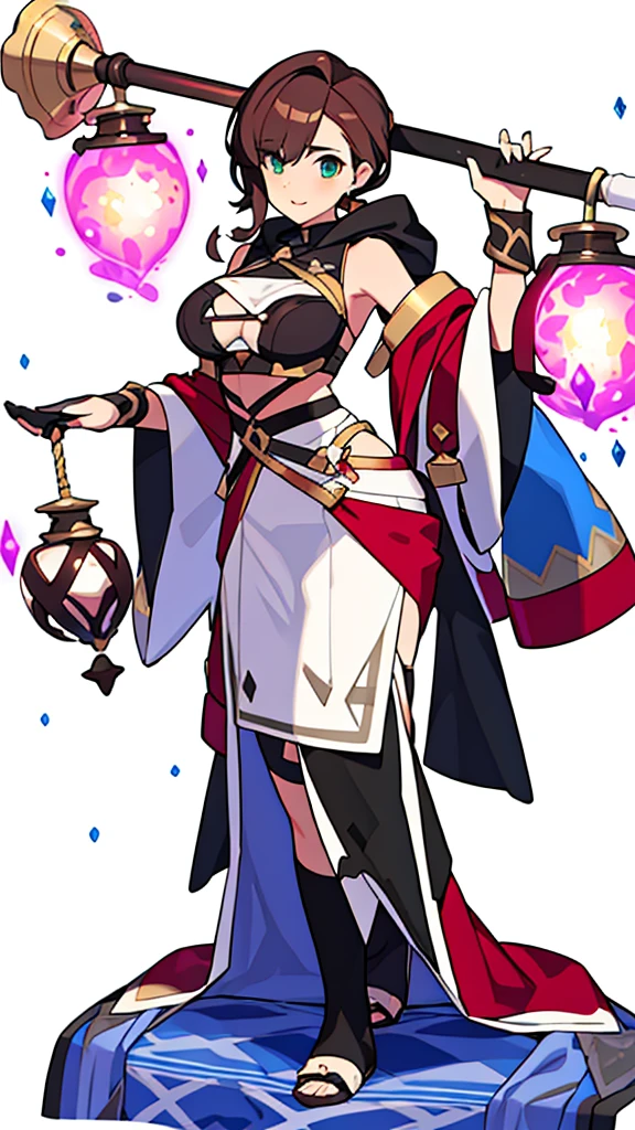 solo female, bra, (((blurry background, white background))), character focus, fantasy, standing, holding staff,