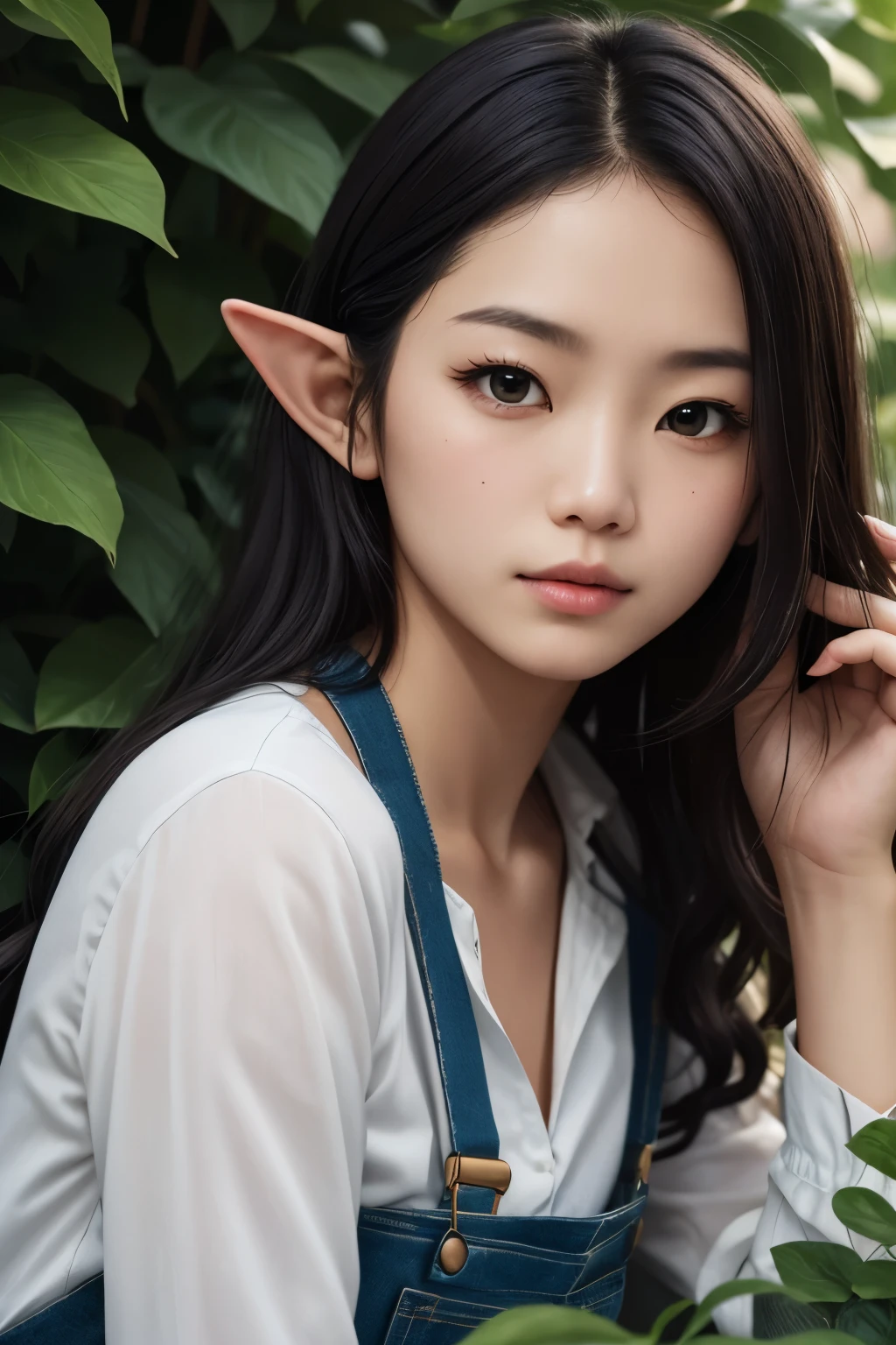 (masterpiece), best quality, expressive eyes, perfect face, A mature Elf lying in the foliage, with big black wavy hair, wearing suspenders, plump figure, delicate facial features, realistic image quality, an Asian woman, approximately age 18 years old, surreal
