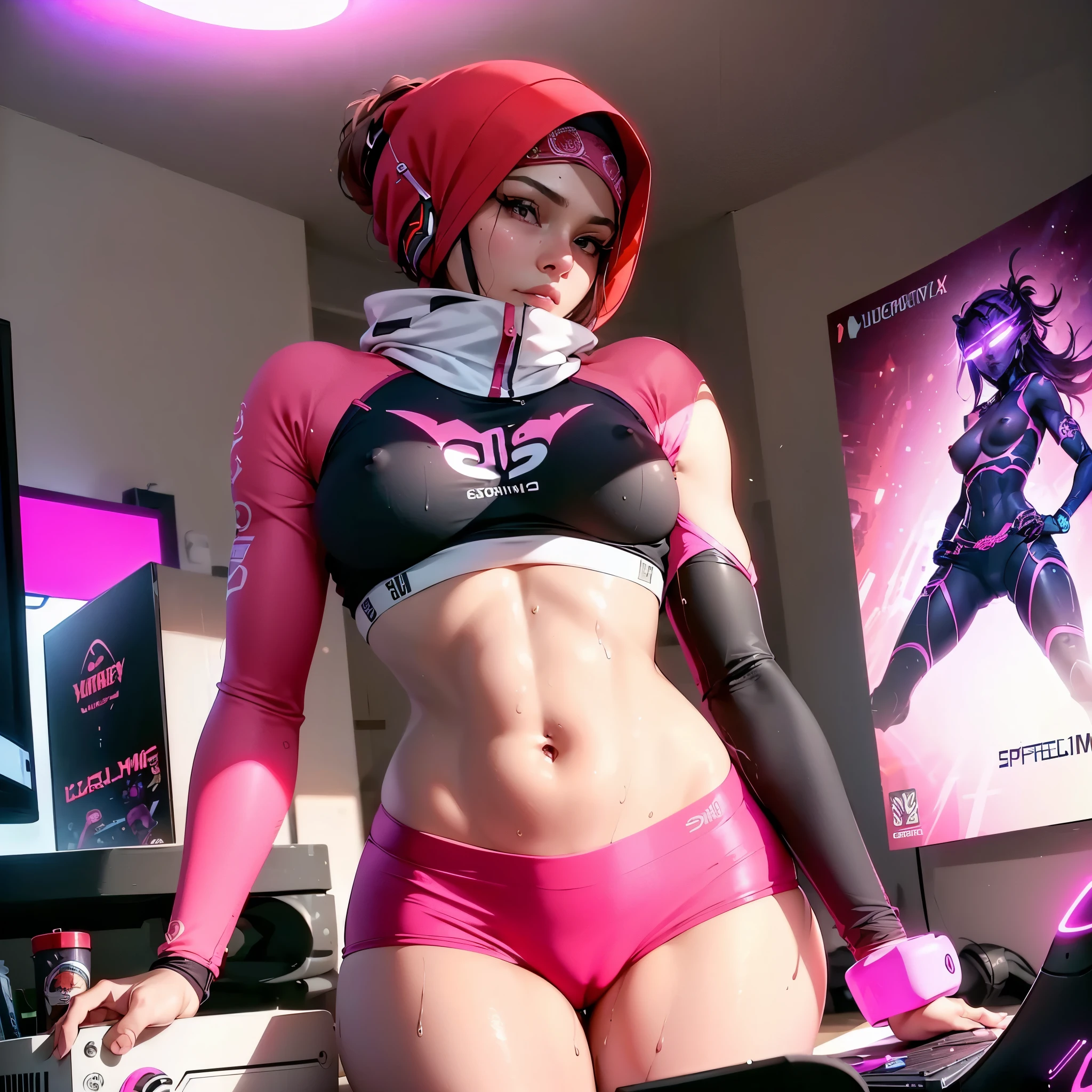 Capture the essence of a woman passionately immersed in the world of gaming while proudly wearing luxury sport hijab, luxury sport bra with neon effect and sport skirt, wear headphone. show her cleaveage. Set the scene in a comfortable, well-lit room with a modern and stylish setup. The room is decorated with gaming posters, LED lights, and a few gaming collectibles placed strategically around her setup, room full of gaming gear, expressing her passion for gaming. A headset rests nearby, indicating her dedication to clear communication during gameplay. Above all, convey a sense of empowerment and pride in her identity as a gamer, highlighting how she breaks stereotypes by confidently showcasing her love for gaming while wearing her hijab. In the background, a cozy atmosphere is depicted with soft furnishings and warm colors. The room feels inviting and personalized, showing a glimpse of her personality beyond gaming. masterpiece, best quality:1.2),(8k,highres,RAW photo,realistic,photo-realistic:1.3),(detailed skin texture,detailed cloth texture,beautiful detailed face:1.25),professional lighting,photon mapping,beautiful soft light,radiosity,physically-based rendering,model shoot style, model shoot style, (extremely detailed CG unity 8k wallpaper), full shot body photo of the most beautiful artwork in the world, complex 3d render ultra detailed, looking at viewer, 18 yo, wet hair, real human skin, vibrant details, hyperrealistic, beautiful, octane render, an extremely delicate and beautiful, extremely detailed ,CG ,unity ,wallpaper,Amazing, finely detail,official art,extreme detailed eyes, (perfect face), shiny skin, colorful, highest detailed, vibrant colors, ultra high res, (high contrast), intricate, lens flare, (((nsfw))), (((nipples)))