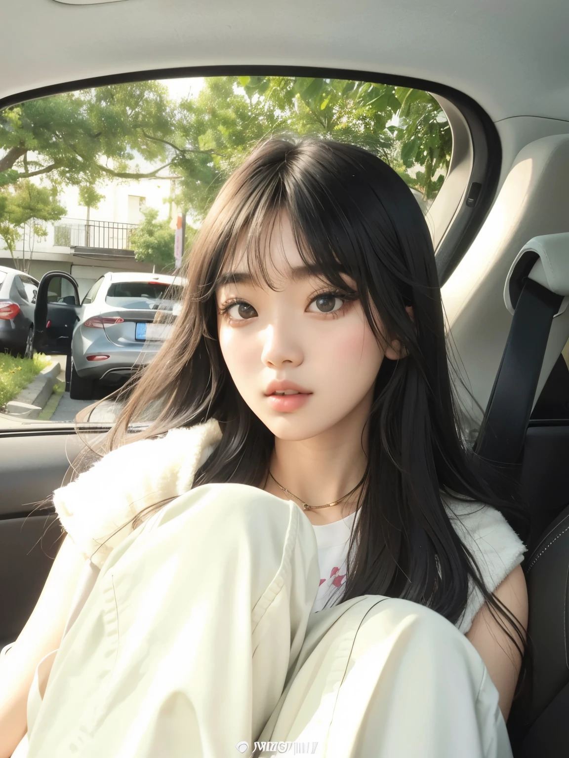 araffe girl sitting in a car with her head out the window, Ulzzang, Menina coreana, Jinyoung Shin, com franja, com cara fofa - linda, she has black hair com franja, sakimichan, garota cara fofa, com franja completa, young lovely korean face, jaeyeon nam, shikami