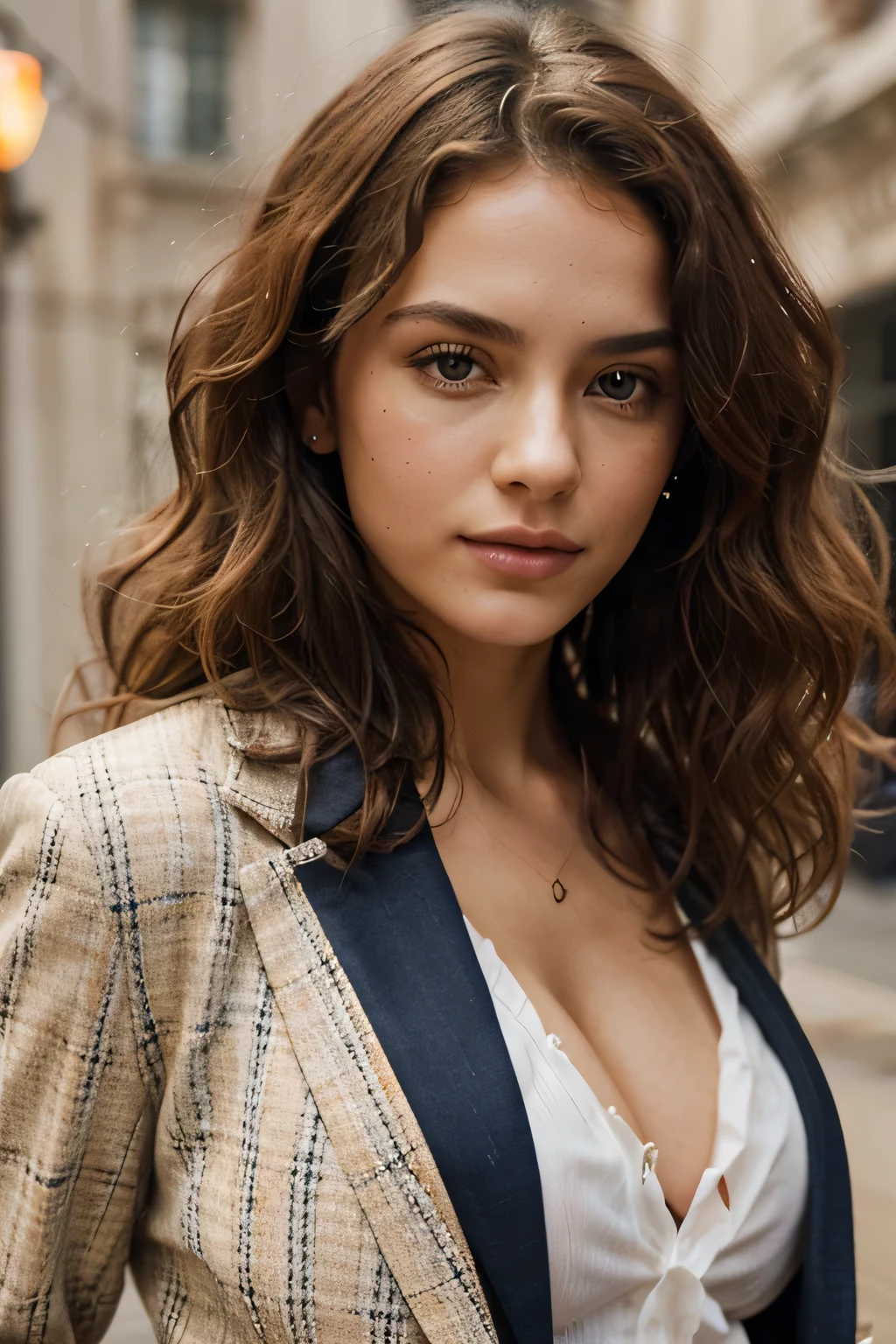 "Generate a vivid and detailed description of a European model wearing a tailored blazer, with curly hair framing their face, and captivating, expressive eyes reminiscent of [specific reference or description you have in mind]."
