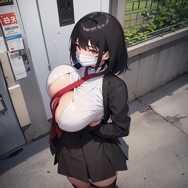 Futanari with penis, with short black hair,((huge breasts, tight mini skirt, woman with a huge 40 centimeter penis between her legs)),((white blouse with Bhutan)),((with a mask, standing on a street)),