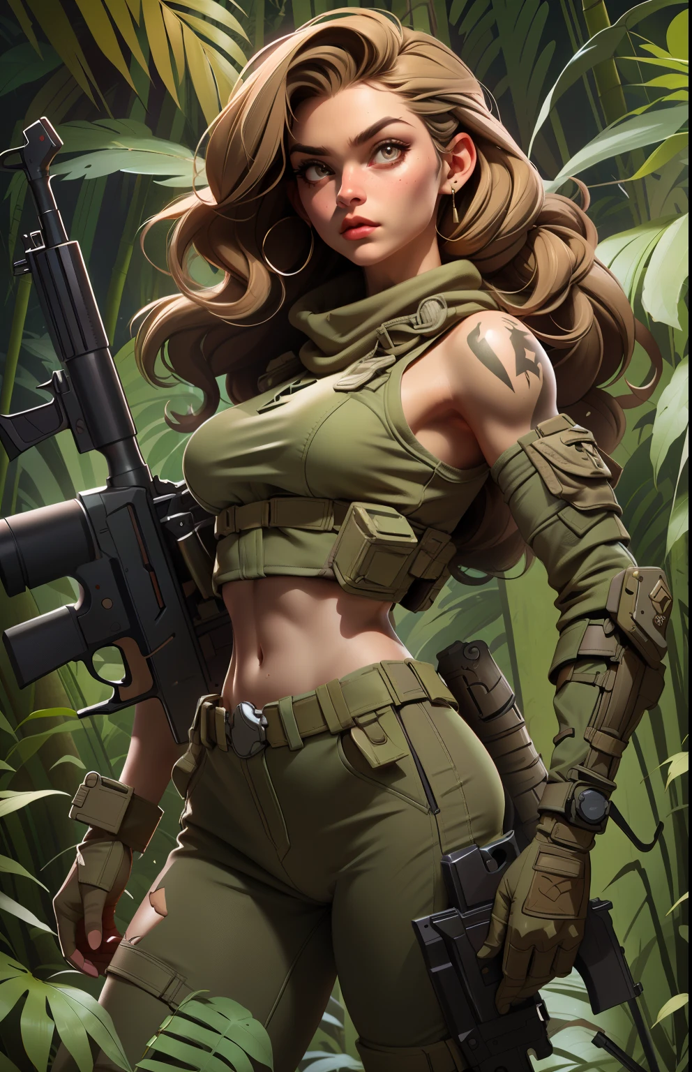 Gorgeous and fearless female soldier, fit body, military croptop, bare shoulders, dark blond hair, tattoo arm, holding big gun, running, jungle background, full detail face,  killing eyes, high detail, realistic, photo quality, high quality,  (photorealistic:1.6), highly detailed, masterpiece, High-quality shadow, bright jungle, forest