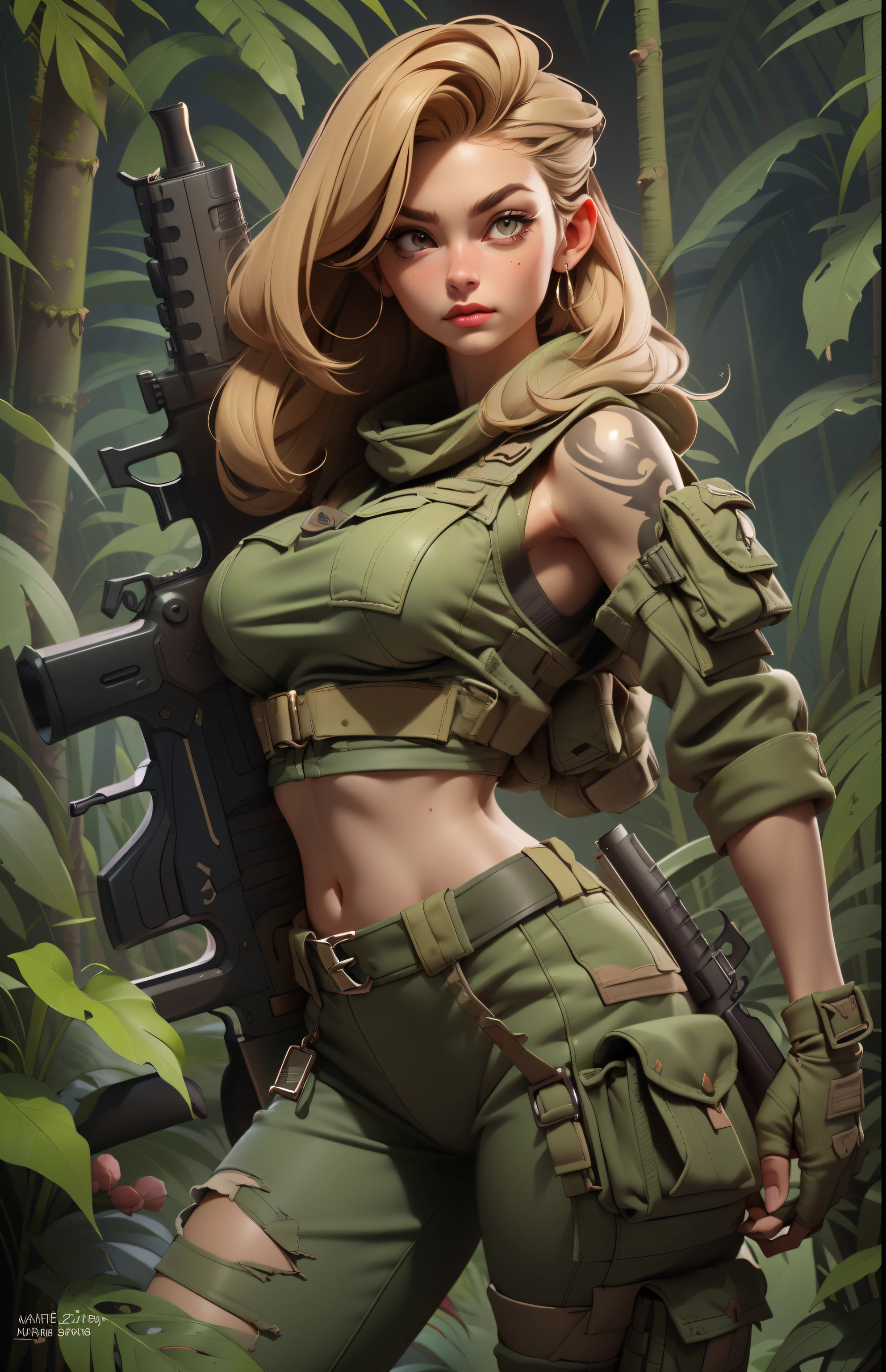 Gorgeous and fearless female soldier, fit body, military croptop, bare shoulders, dark blond hair, tattoo arm, holding big gun, running, jungle background, full detail face,  killing eyes, high detail, realistic, photo quality, high quality,  (photorealistic:1.6), highly detailed, masterpiece, High-quality shadow, bright jungle, forest