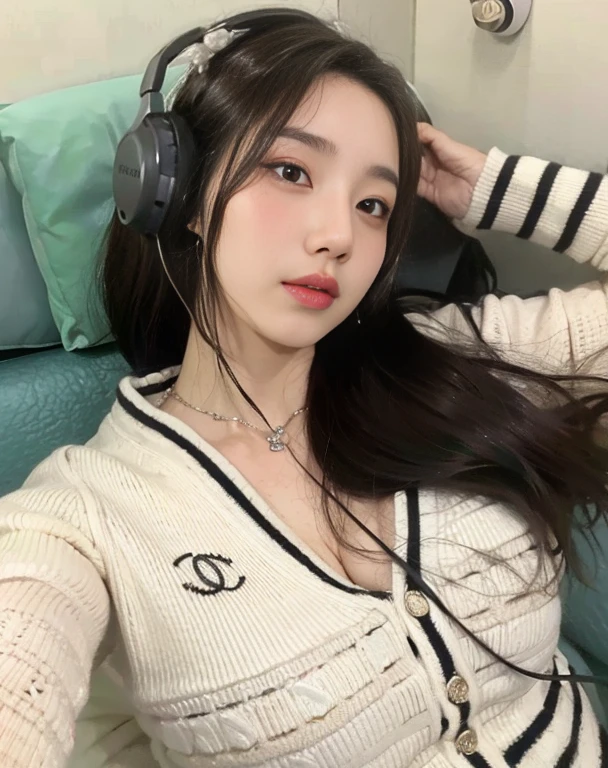 Arafed woman with headphones and a sweater sitting on a sofa, Menina coreana, Ulzzang, dilraba dilmurat, Linda mulher sul-coreana, Jinyoung Shin, bae suzy, Heonhwa Choe, jaeyeon nam, Linda jovem coreana, 22 anos de idade, Linda jovem coreana, menina de 19 anos, Mulher coreana