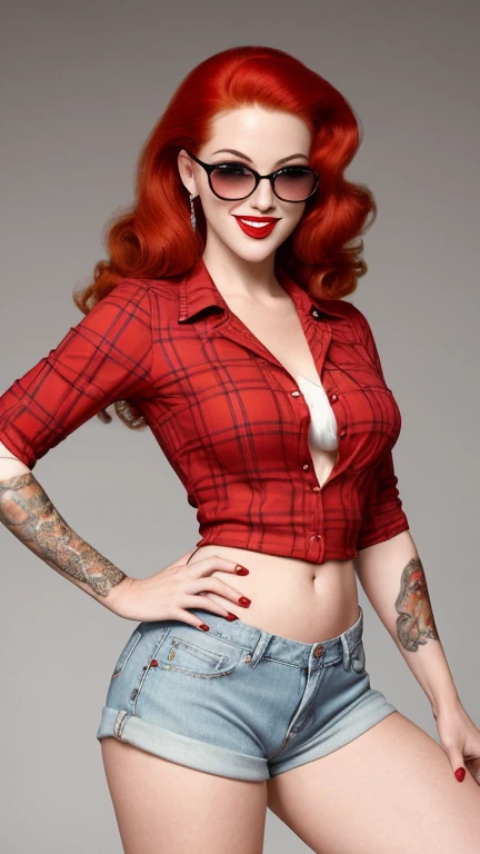 Detailed and realistic depictions of a beautiful red-haired woman, radiating a distinctive pin-up style. Extremely sexy. Smile with the tip of your tongue out. Winking an eye. detailed and realistic. sunglasses, dressed in a red plaid blouse and small denim shorts, white high-heeled sandals, her looks reflect the style of vintage prints from the 60s. Although the classic features are present, the pin-up talent is undeniable. Artistic tattoos add a contemporary touch. Their postures and expressions, combined with their pin-up looks, create a fusion between classic vintage and contemporary. White photo studio background, hot session. ultra-realistic photography.